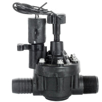 Product image showing Toro TPVF100MB 1-inch TPV in-line irrigation valve, male thread inlet and barb outlet, flow control knob visible and solenoid mount.