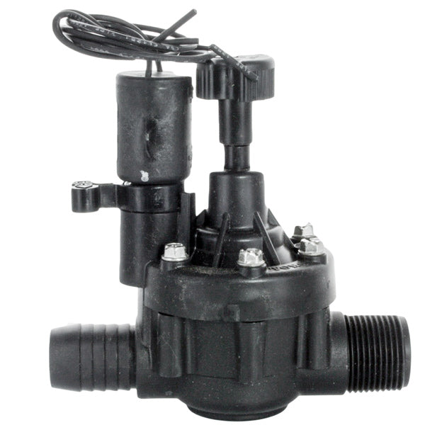 Product image showing Toro TPVF100MB 1-inch TPV in-line irrigation valve, male thread inlet and barb outlet, flow control knob visible and solenoid mount.