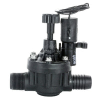 Close-up of Toro TPVF100MB flow control mechanism and barb outlet showing valve body detail and mounting provisions for solenoid assembly.