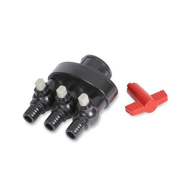 TR3WAY three-way fountain diverter with ball valves and removable T-handles, angled product photo.