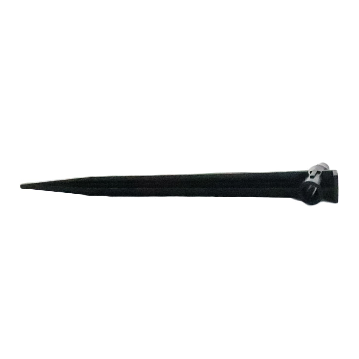 Close-up of the Rain Bird TS025 tubing stake head and top showing enlarged flat head design and tubing notch for holding 1/4-inch distribution tubing in place.