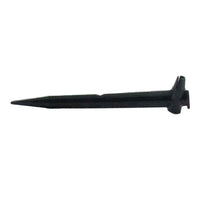 Side view of Rain Bird TS025 tubing stake showing length and pointed tip for ground insertion, designed to resist hammering and hold tubing steady in soil.