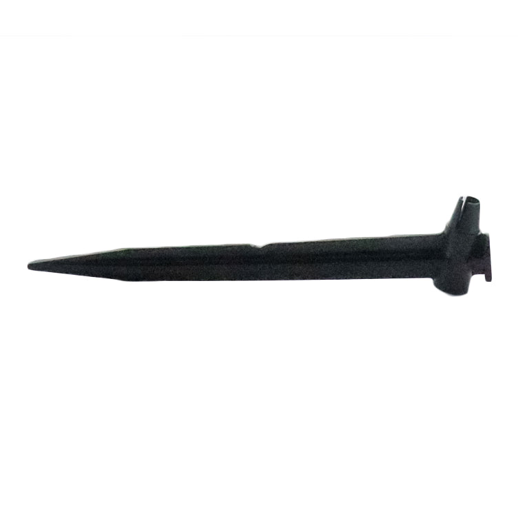 Side view of Rain Bird TS025 tubing stake showing length and pointed tip for ground insertion, designed to resist hammering and hold tubing steady in soil.
