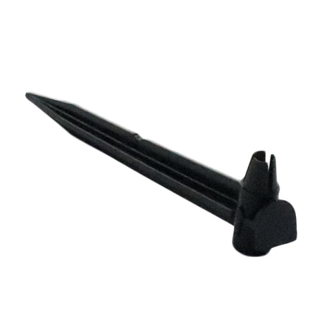 Front view of Rain Bird TS025 1/4-inch tubing stake showing flat enlarged head and pointed shaft for securing drip tubing into soil, angled on white background.