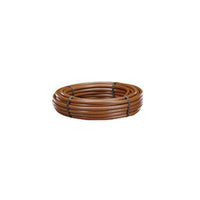 Brown Netafim Techline DL 17 mm pressure-compensating dripline coil shown on white background with tubing detail.