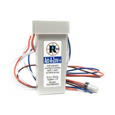 Add-A-Zone RCO860009 single-wire dual-zone irrigation control module, front view with wiring leads and LED indicators, product image