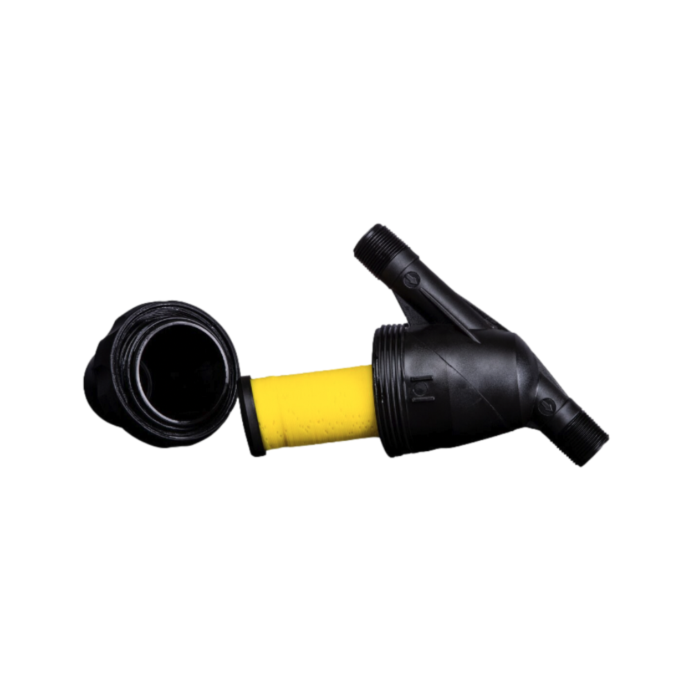 Side angle shot of Toro T-ALFS10150-L showing glass-reinforced nylon locking ring, service cap, and threaded outlet port.