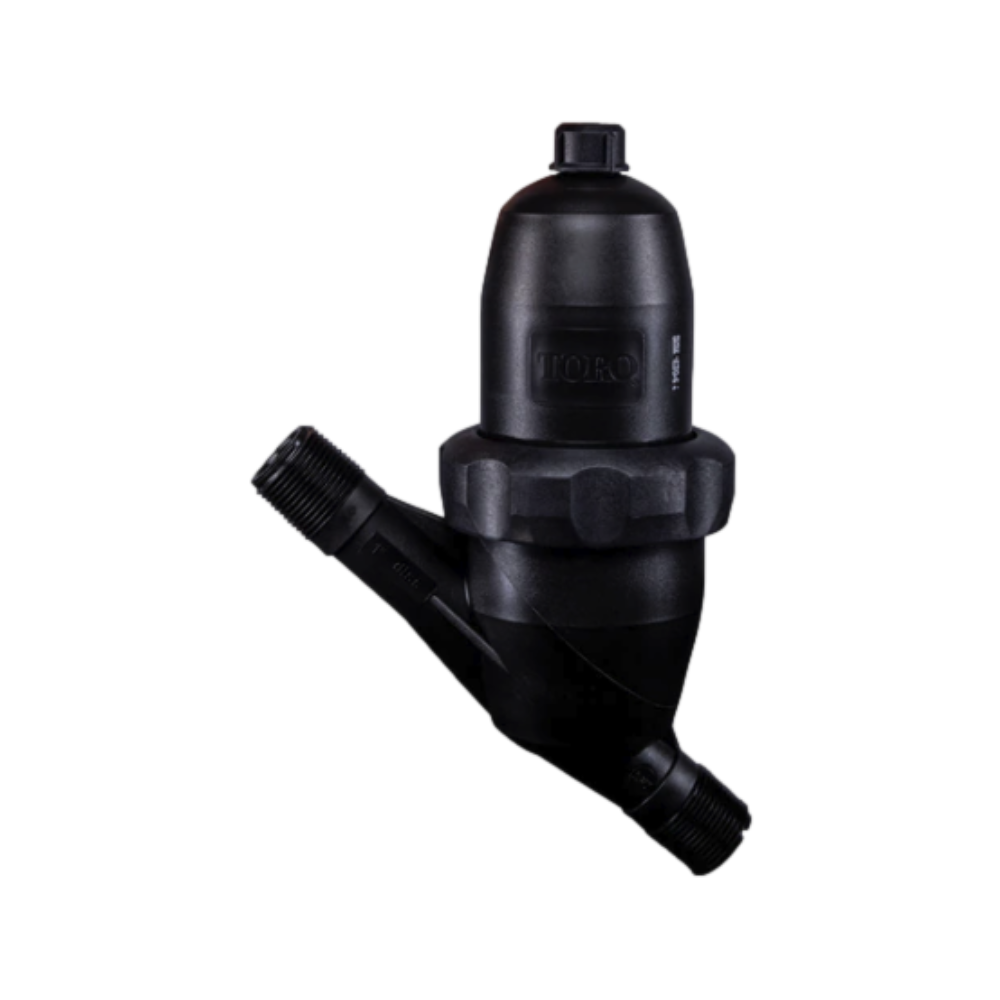 Front view of Toro T-ALFS10150-L manual screen filter with nylon body, cap, and exposed 150-mesh screen for irrigation.