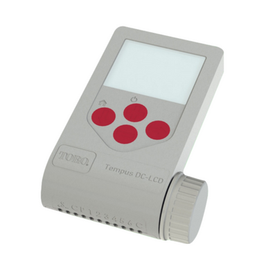 Front view of Toro Tempus DC-L 2-station battery irrigation controller with LCD, Bluetooth and terminal connections.