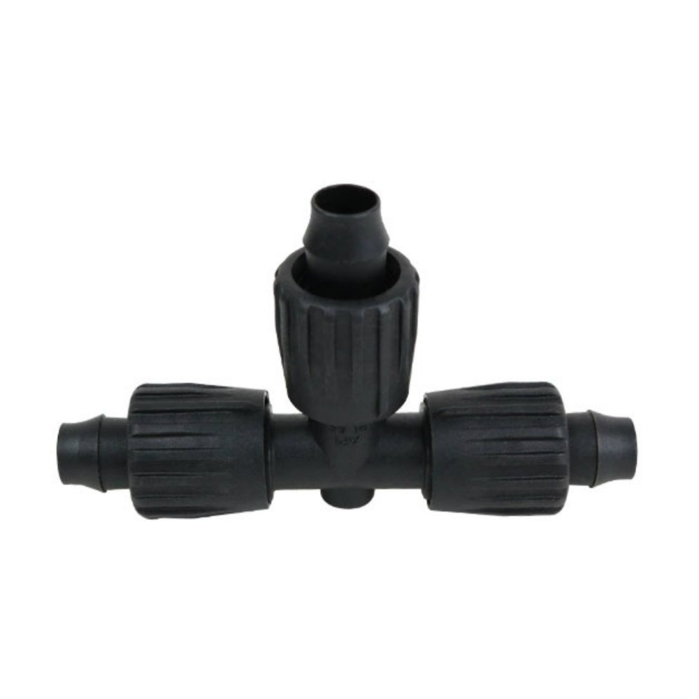 Toro Tri-Loc Tee (TL-T) 16-18 mm universal drip irrigation tee with twist-off collar, angled product view on white background.
