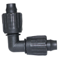 Photo of Toro TL-E Tri-Loc 90-degree elbow fitting showing twist-off collar and barbed insert for 16-18 mm dripline