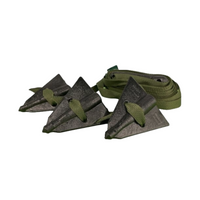 Close view of PRO20G components: green UV-resistant 3/4-inch straps, tool-free tension bars and arrowhead anchors ready for installation in soil.