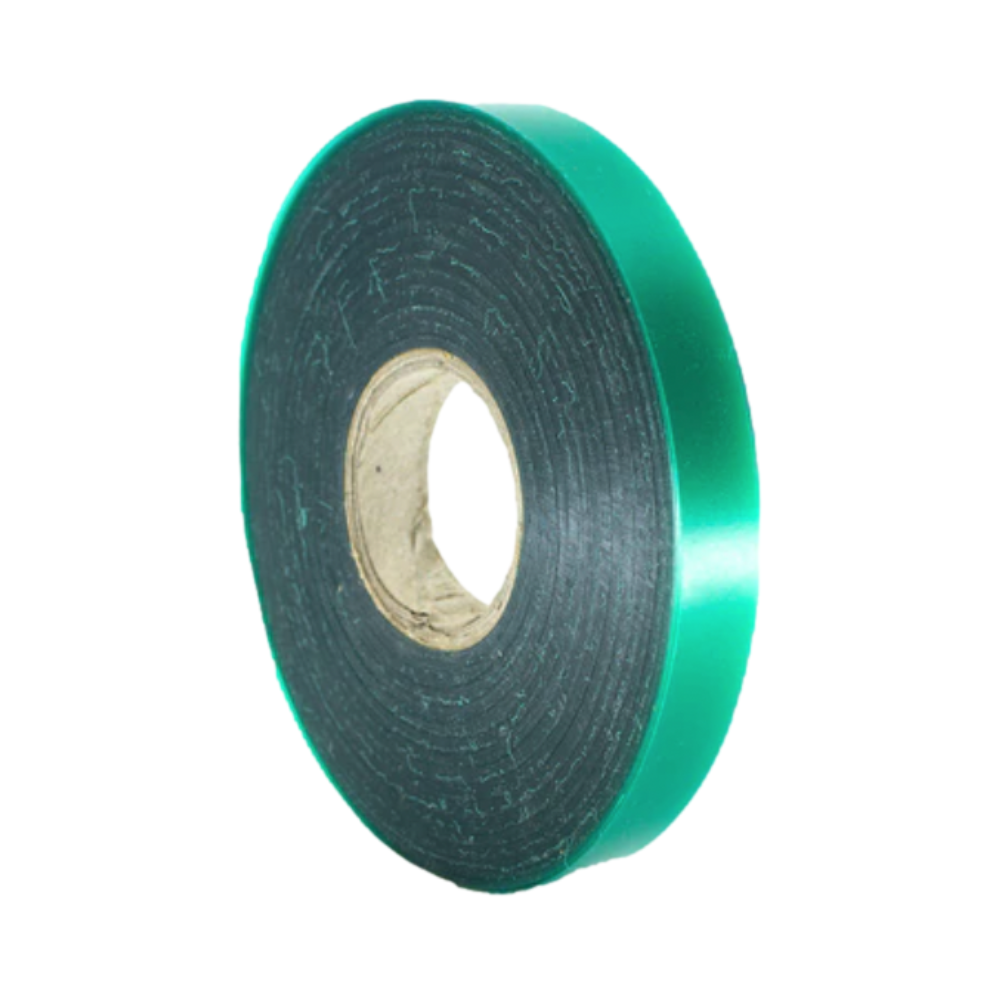 Product roll of Tree Tape TT-12-150 showing printed label and coiled nylon-reinforced vinyl tape for tree tying and staking applications