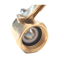 Three-quarter view of brass CV075H valve on white background, emphasizing durable construction, angled outlet, and hose-thread fittings.
