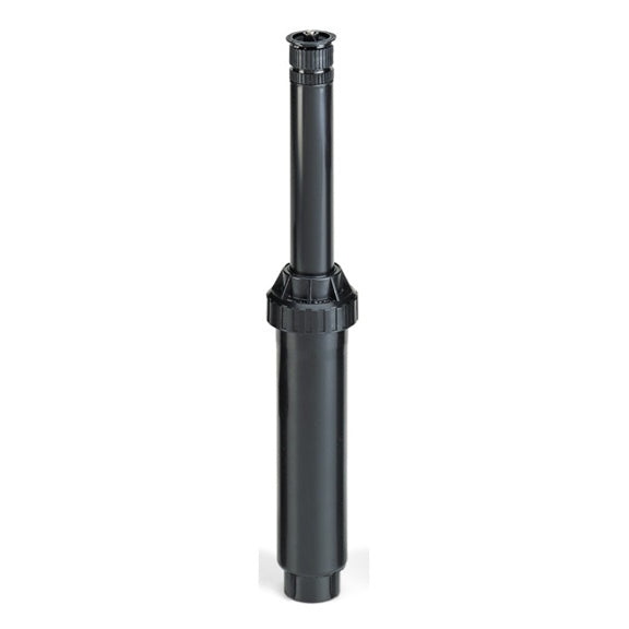 Rain Bird US415 4-inch Uni-Spray pop-up sprinkler with preinstalled 15-VAN variable-arc nozzle shown upright against a white background, cap and nozzle visible.