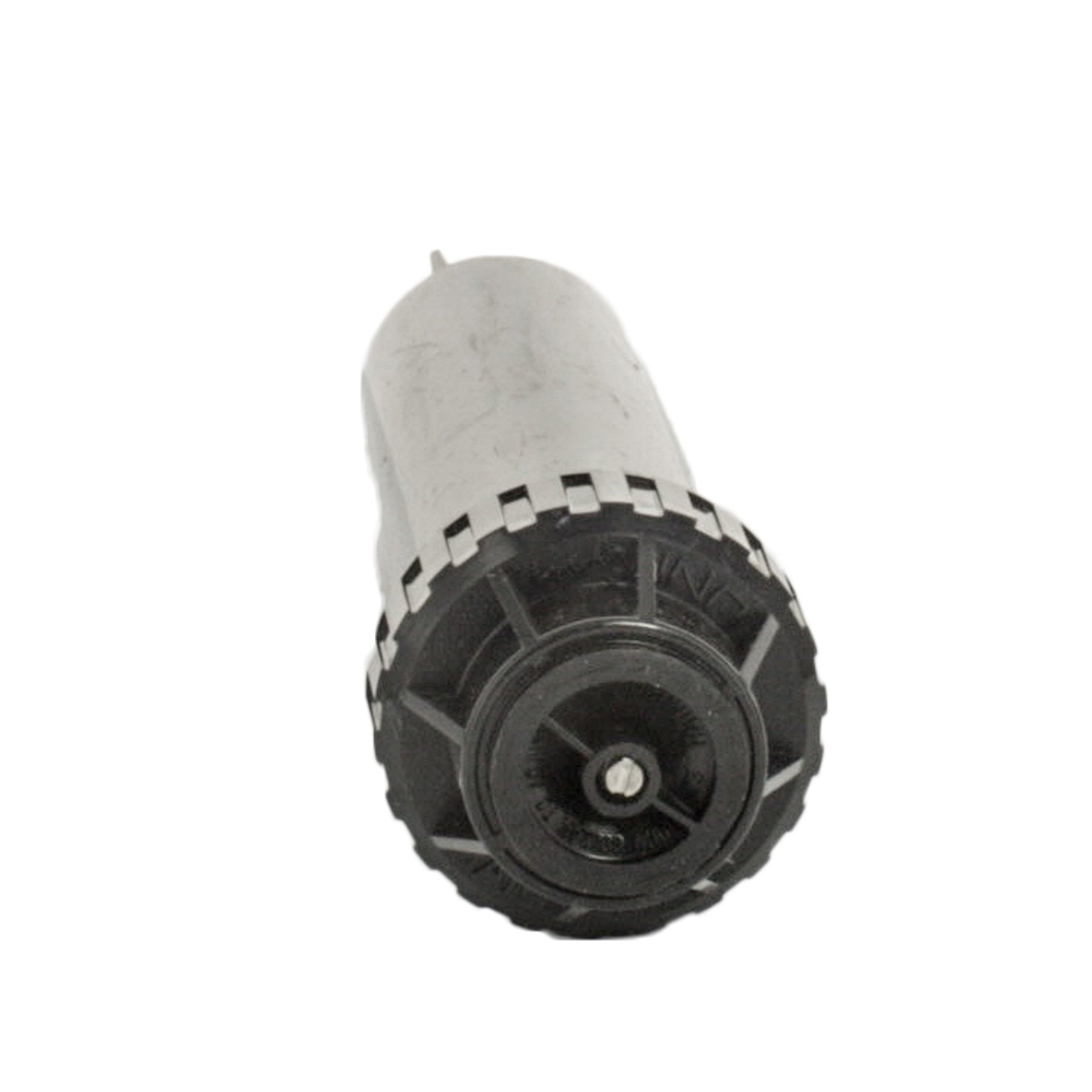 Close view of Rain Bird US415 Uni-Spray 4-inch pop-up spray head with 15-VAN nozzle, showing exposed cap, nozzle port and nozzle screen for service.