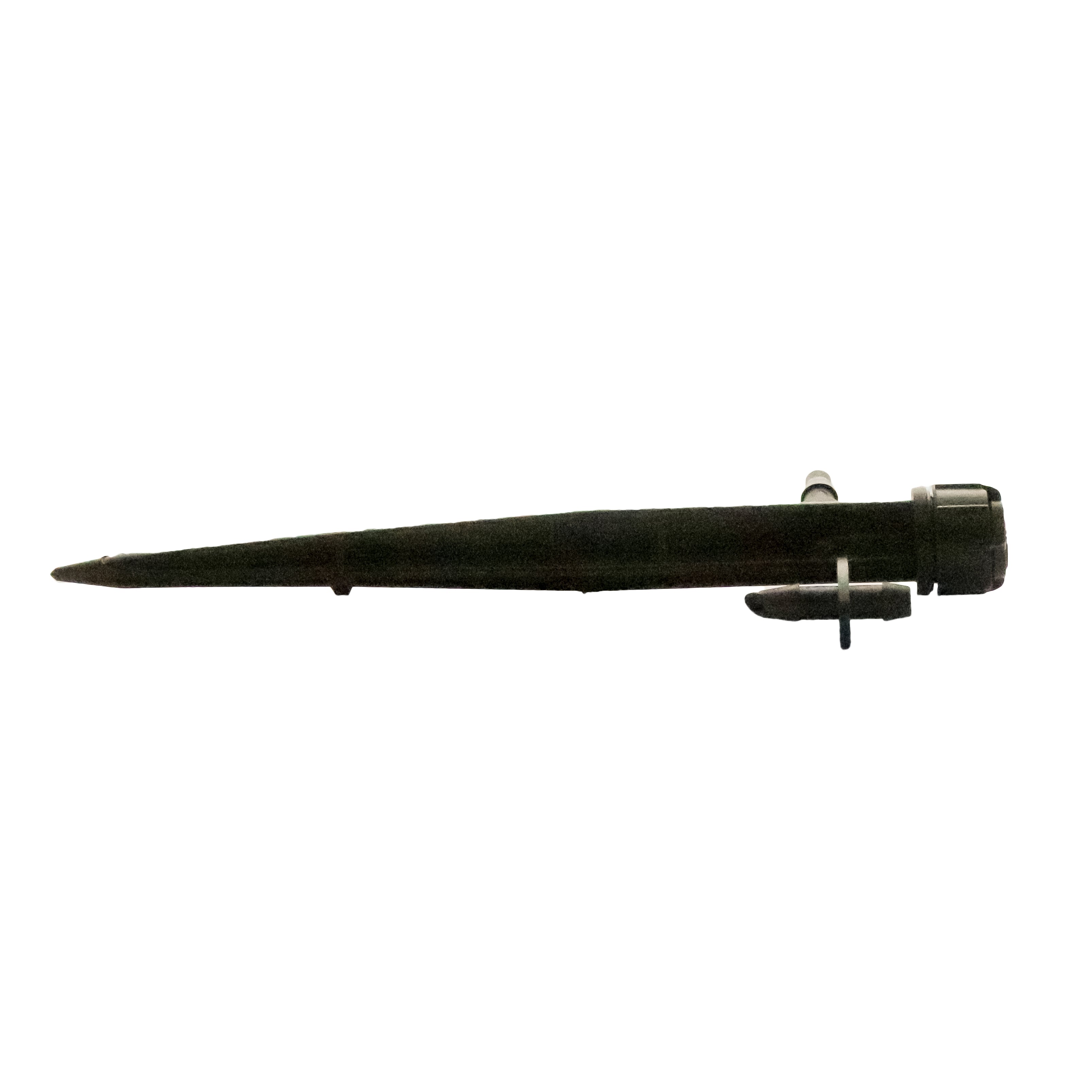 Side angle of UXB360SPYK Xeri-Bubbler mounted on 5-inch spike with barb x barb coupler attached, illustrating spike length and installation orientation in soil.