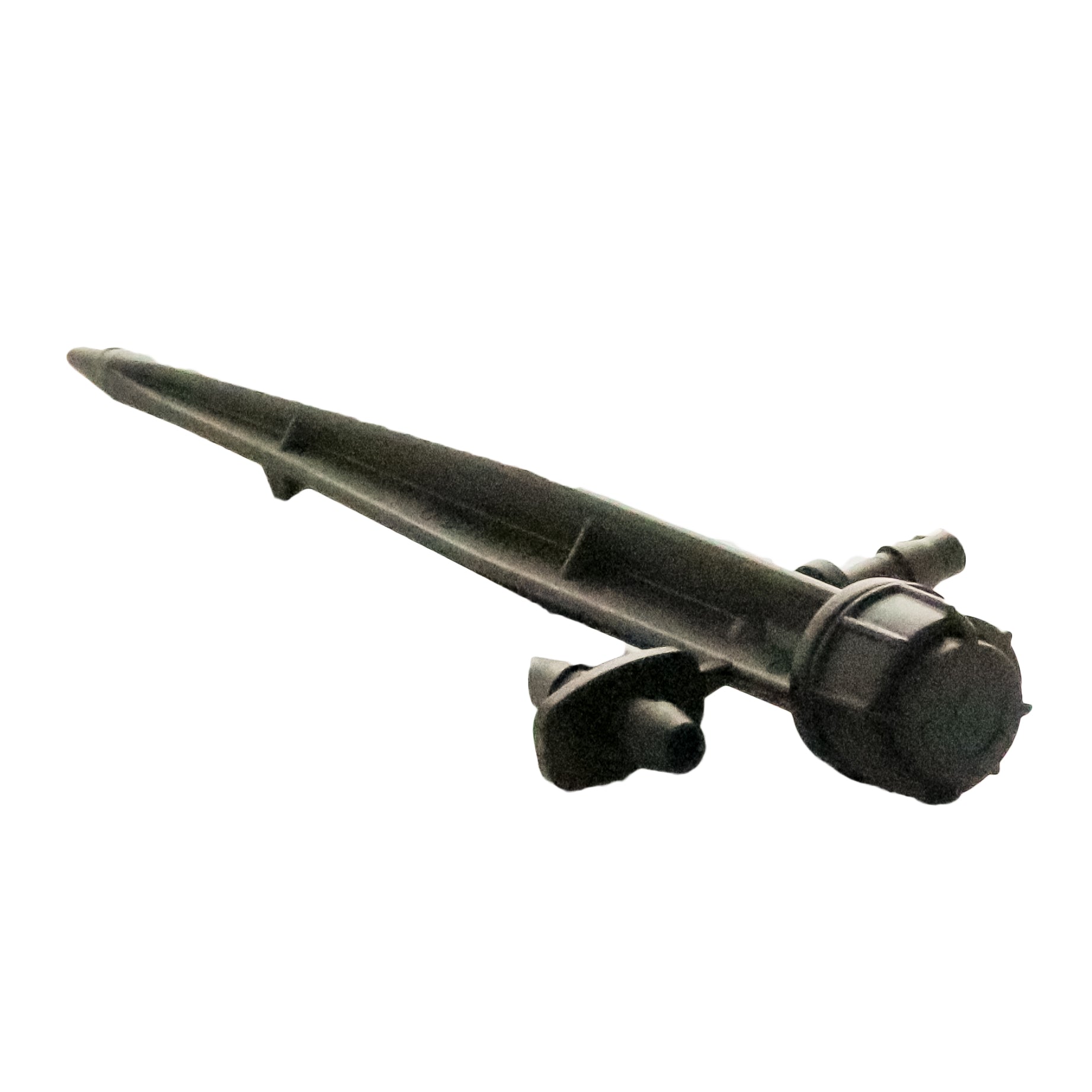 Top view of Rain Bird UXB360SPYK Xeri-Bubbler on a 5-inch spike showing the full-circle umbrella spray cap and barb inlet connection, plastic construction visible.