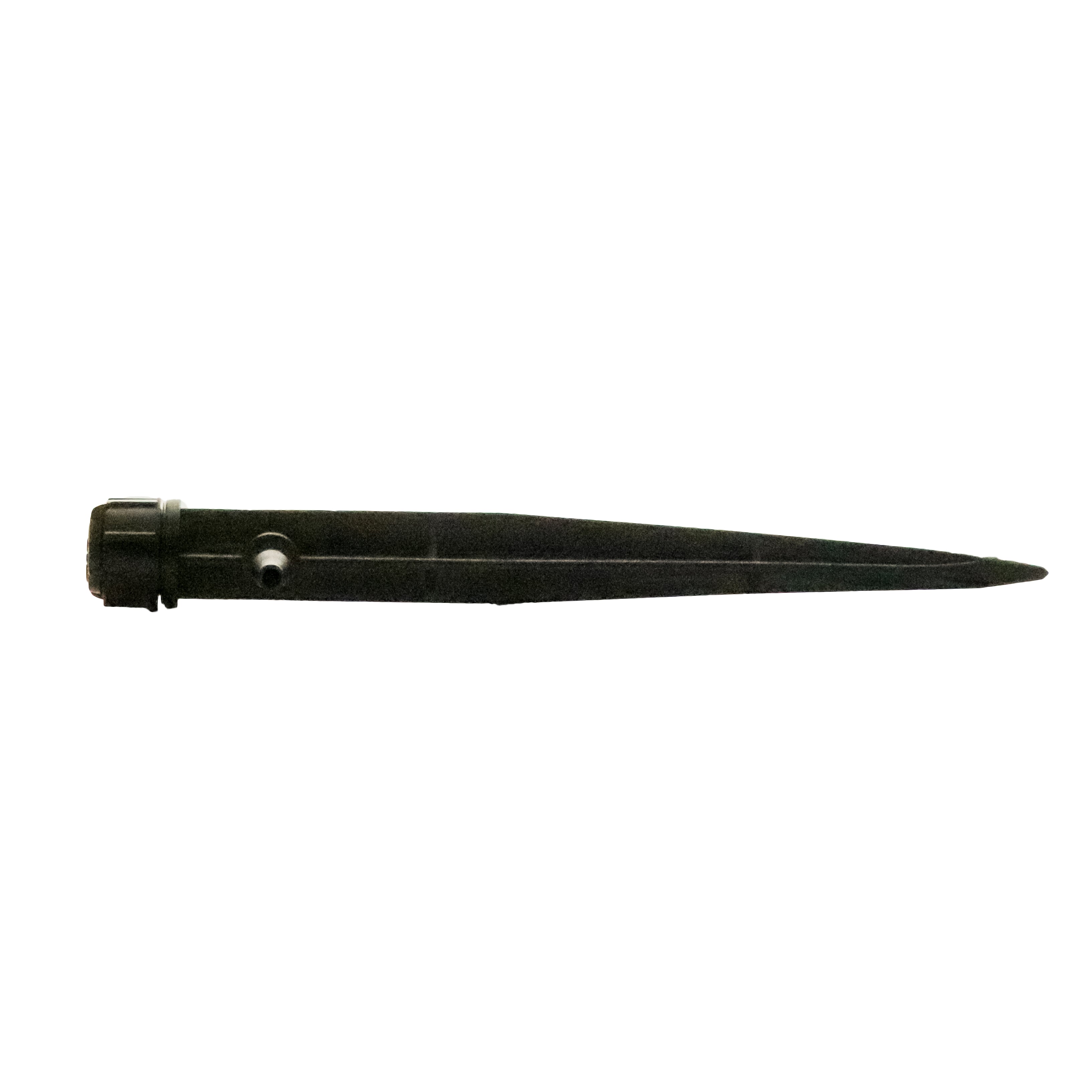 UXB360SPYK Xeri-Bubbler components laid out: 5-inch spike, bubbler body and barb coupler, demonstrating parts included and serviceable cap design.