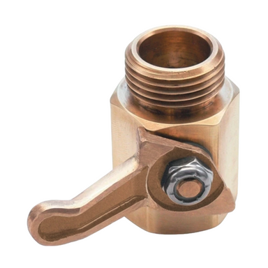 Close-up side view of CV075H brass high-flow control valve showing thumb lever, stainless-steel internal area, and threaded hose connections.