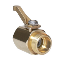 Front view of brass high-flow control valve CV075H showing ergonomic thumb lever and 3/4-inch hose thread connection on white background.