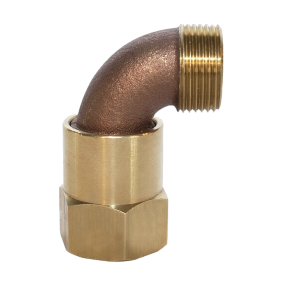 Underhill HS-101 solid brass hose swivel adapter showing 1 in FIPT inlet and 1 in MHT swivel outlet, product view.