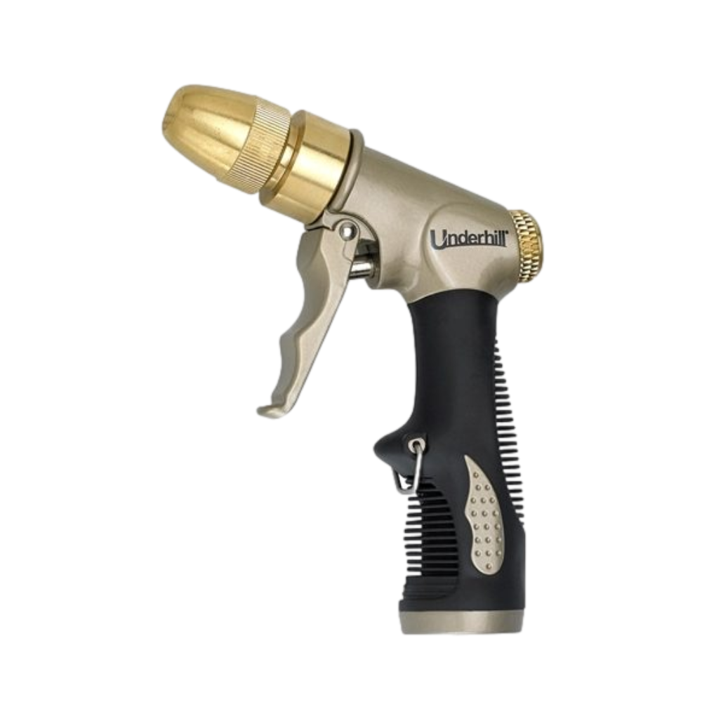 Underhill NG200-P adjustable pistol spray gun in gold finish, ergonomic handle and smooth trigger, visible 3/4-inch hose-thread inlet and nozzle.