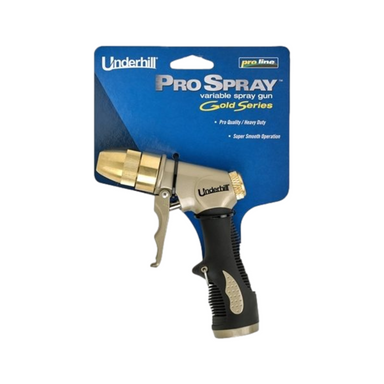 Rear-angle view of Underhill NG200-P pistol spray gun showing hose-thread inlet, ergonomic grip, and adjustable spray nozzle for garden use.