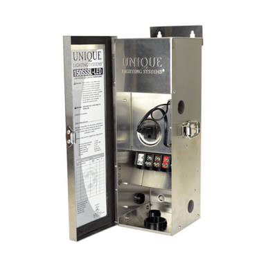 Front view of 300W stainless steel low-voltage transformer, showing lockable cover and multi-tap 12–15V outputs.