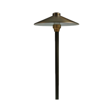 Unique Endeavor 60-inch path light in Weathered Brass with 60" riser and borosilicate glass lens; shown without lamp.