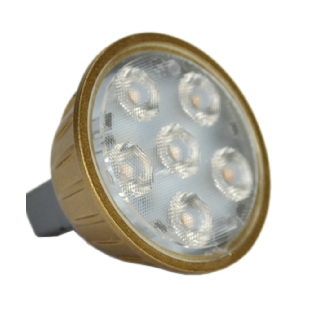 Front view of Unique Flex Gold MR16 LED flood bulb, compact MR16 form factor showing lamp face and glass lens, warm 2700K tone.