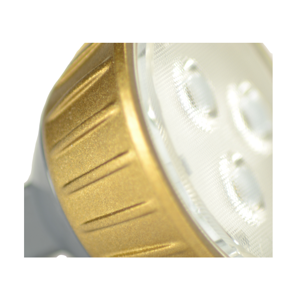 Side and angle view of the Unique Flex Gold MR16 4W LED lamp, illustrating compact housing and lens shape for flood beam distribution.