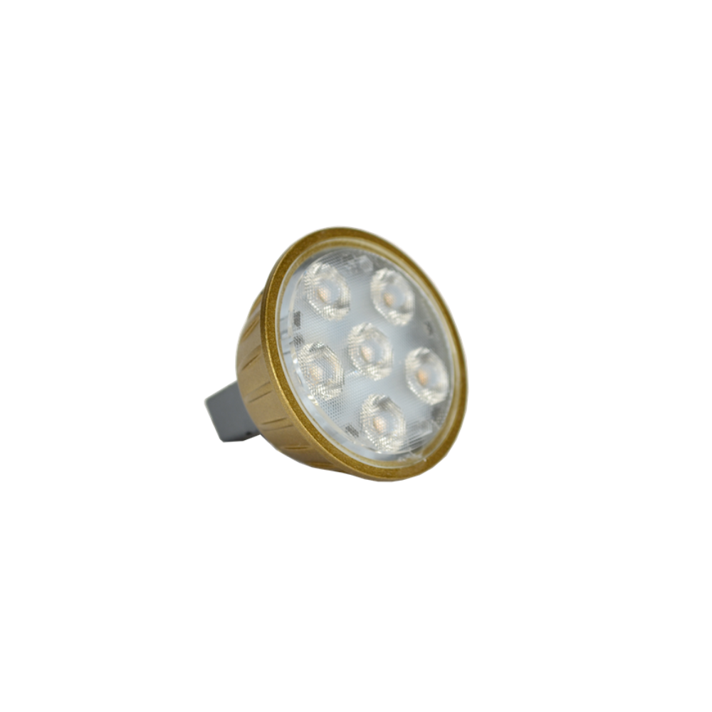 Front product image of Unique Flex Gold MR16 LED bulb showing lamp face, reflector and MR16 form factor for landscape lighting (3W–8W series).