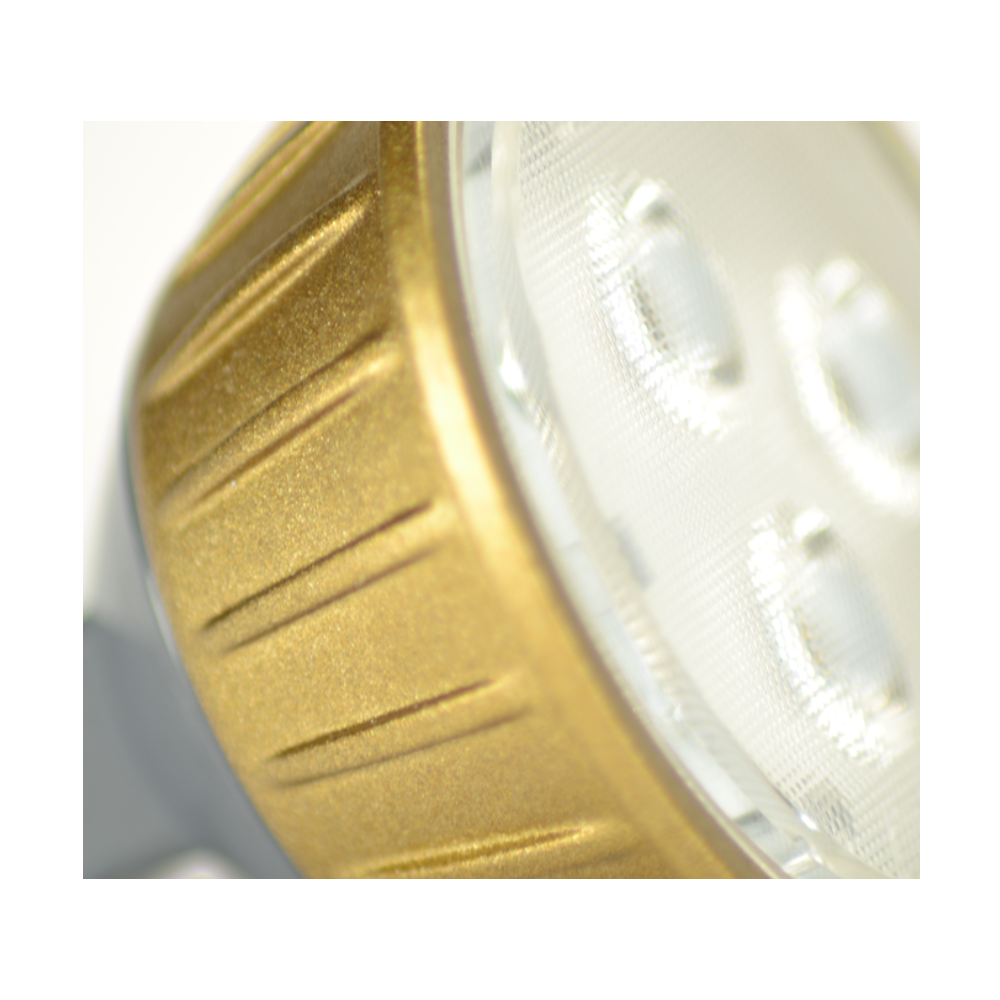 Side view of Unique Flex Gold MR16 LED bulb showing compact MR16 profile and heat sink design for landscape and architectural applications.