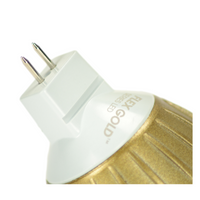 Angled close-up of Unique Flex Gold MR16 LED bulb highlighting lens, reflector and housing details for outdoor enclosed fixtures (series view).