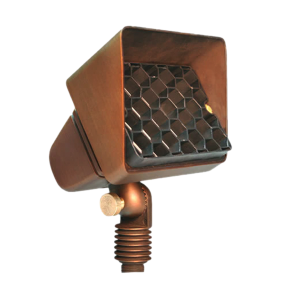 Unique Starburst Wall-Wash up-light, weathered brass cast-brass housing, tempered glass lens, slotted stake and visible 25' wire lead for landscape use.