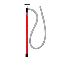 36-inch Siphon King utility hand pump with attached 72-inch flexible discharge hose shown upright on a white background, ready for use.