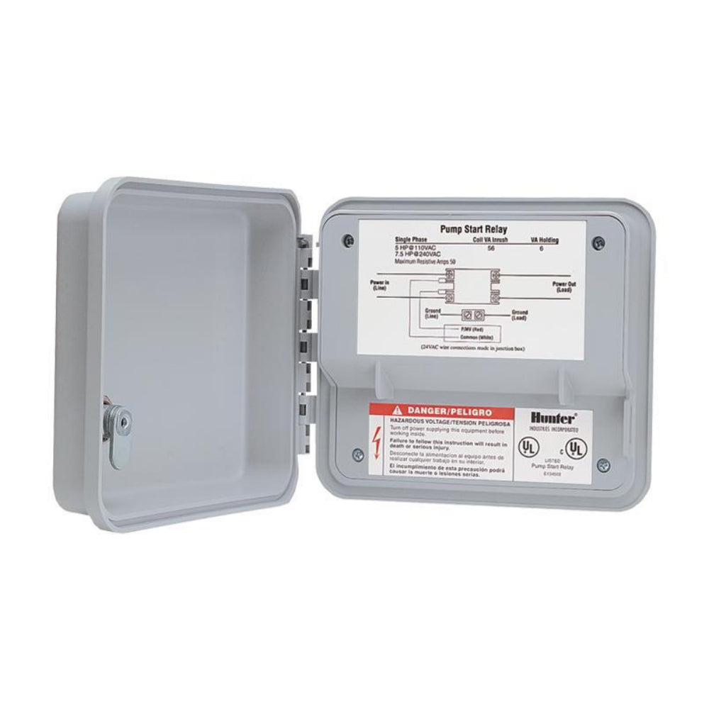Hunter PSR-52 pump start relay in lockable NEMA-rated outdoor enclosure, 24VAC flying leads and multiple wiring knockouts.