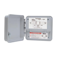Hunter PSR-52 pump start relay in lockable NEMA-rated outdoor enclosure, 24VAC flying leads and multiple wiring knockouts.