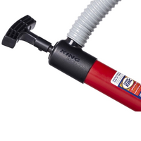 Close-up of the ergonomic pump handle and steel shaft of the Siphon King utility hand pump, showing grip texture and robust construction details.