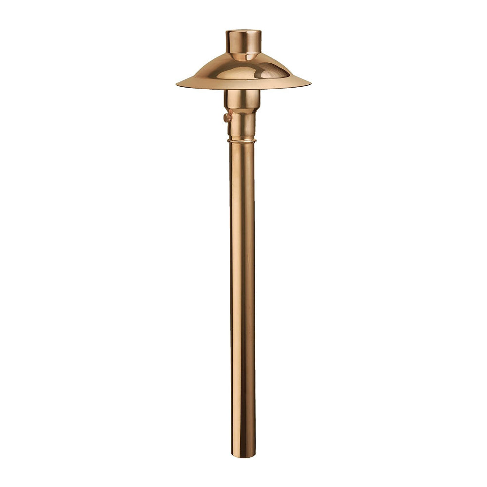 Copper Kichler 15350CO adjustable path and spread landscape light photographed on white background, top shade adjustable.