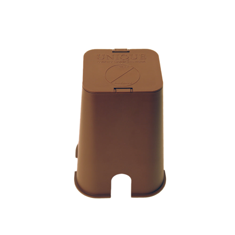 Brown Unique SHUB satellite hub with snap-in lid, inline fuse holder, three brass lug terminals, and grease-filled caps.