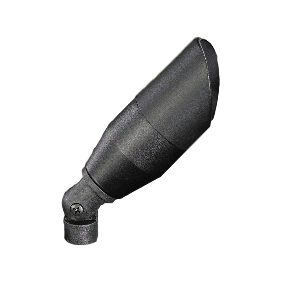 Vista GR-2250 black die-cast aluminum up light fixture angled to show rotatable shroud, convex glass lens and adjustable knuckle; lamp not included.