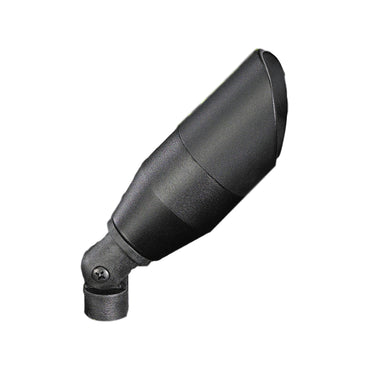 Vista GR-2250 black die-cast aluminum up light fixture angled to show rotatable shroud, convex glass lens and adjustable knuckle; lamp not included.