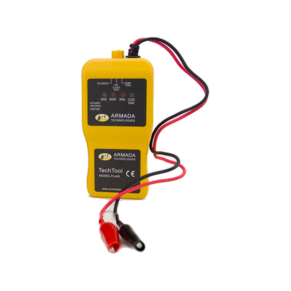 Yellow Armada PRO48 handheld irrigation tester with red and black test leads, top toggle switch, and front LED indicators showing test modes.