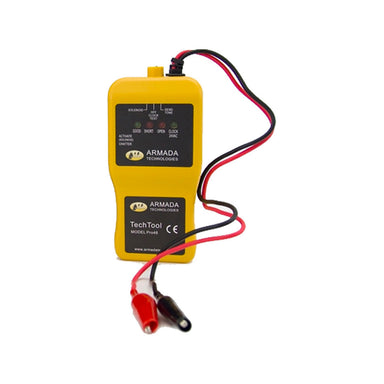 Yellow Armada PRO48 handheld irrigation tester with red and black test leads, top toggle switch, and front LED indicators showing test modes.