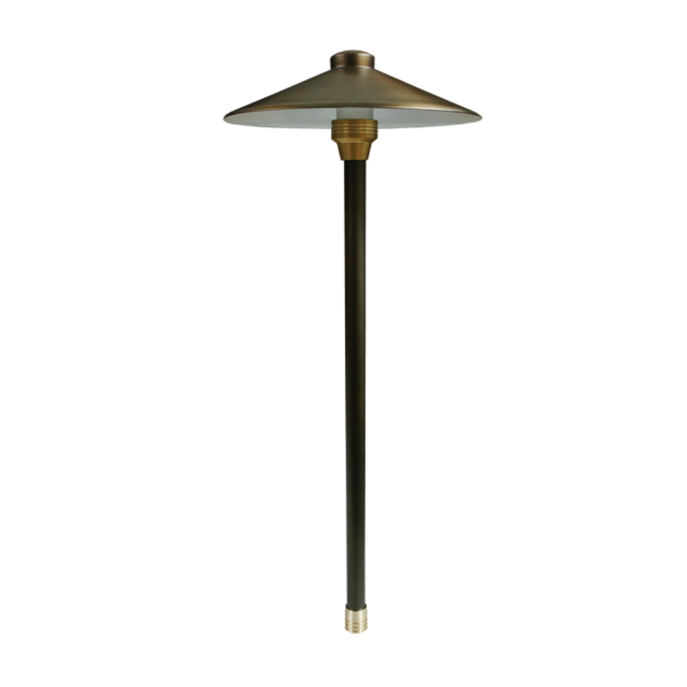 Replacement hat for Unique Endeavour path light in Weathered Brass finish; top view showing mount and curved profile.