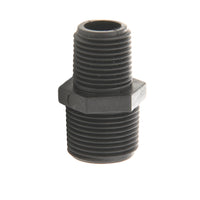 DURA PVC male reducing adapter nipple 1/2 inch to 3/4 inch MIPT threaded both ends, white Schedule 80 PVC finish, irrigation fitting