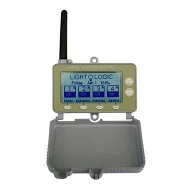 Front view of Unique LPRO Light Logic Programming Module wall-mount controller with LCD screen, keypad and status indicators on white background.