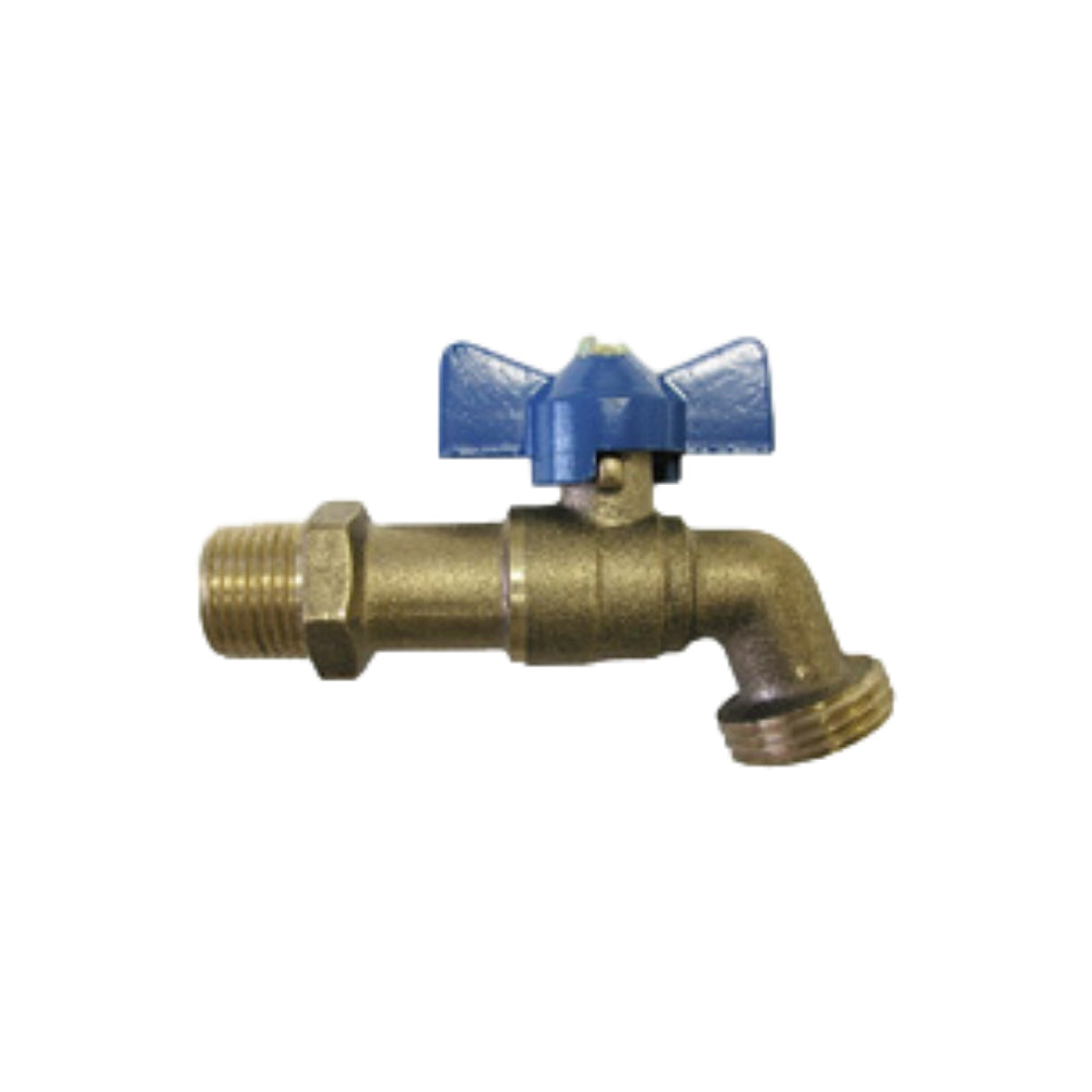 Front-angle product photo of IHBB75NL 3/4-inch MIP x GHT lead-free brass 1/4-turn ball valve with T-handle on white background.